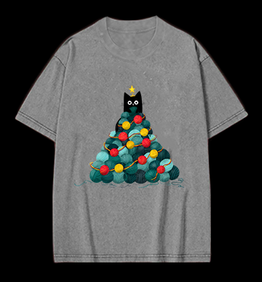 Black Cat Christmas Tree Vintage Washed 100% Cotton T-Shirt