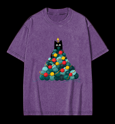 Black Cat Christmas Tree Vintage Washed 100% Cotton T-Shirt