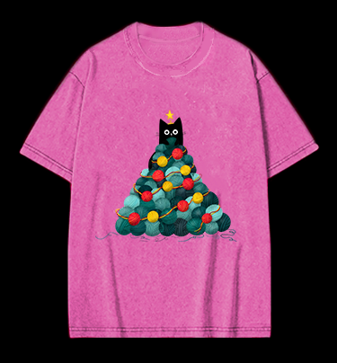 Black Cat Christmas Tree Vintage Washed 100% Cotton T-Shirt