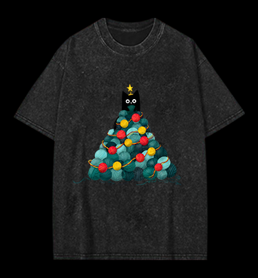 Black Cat Christmas Tree Vintage Washed 100% Cotton T-Shirt
