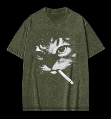 Funny Smoking Cat Meme Vintage Washed 100% Cotton T-Shirt