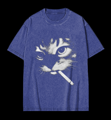 Funny Smoking Cat Meme Vintage Washed 100% Cotton T-Shirt