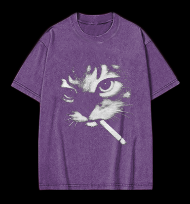 Funny Smoking Cat Meme Vintage Washed 100% Cotton T-Shirt