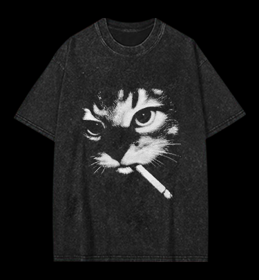 Funny Smoking Cat Meme Vintage Washed 100% Cotton T-Shirt