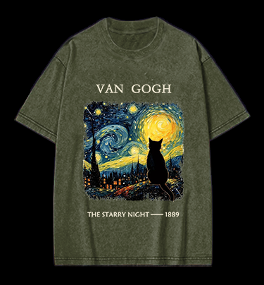 Van Gogh and Cat Vintage Washed 100% Cotton T-Shirt