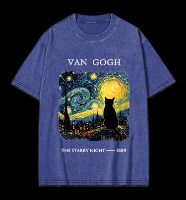 Van Gogh and Cat Vintage Washed 100% Cotton T-Shirt