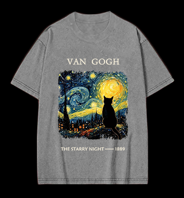 Van Gogh and Cat Vintage Washed 100% Cotton T-Shirt