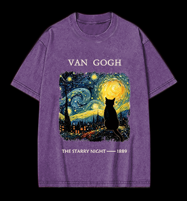 Van Gogh and Cat Vintage Washed 100% Cotton T-Shirt