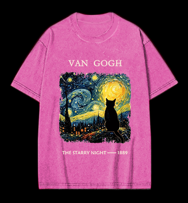 Van Gogh and Cat Vintage Washed 100% Cotton T-Shirt