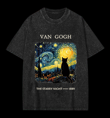 Van Gogh and Cat Vintage Washed 100% Cotton T-Shirt