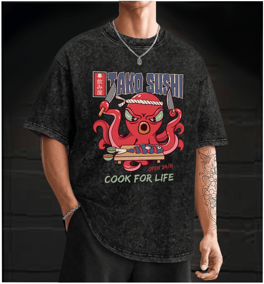 Angry Octopus Sushi Vintage Washed 100% Cotton T-Shirt - TheDrunkShark