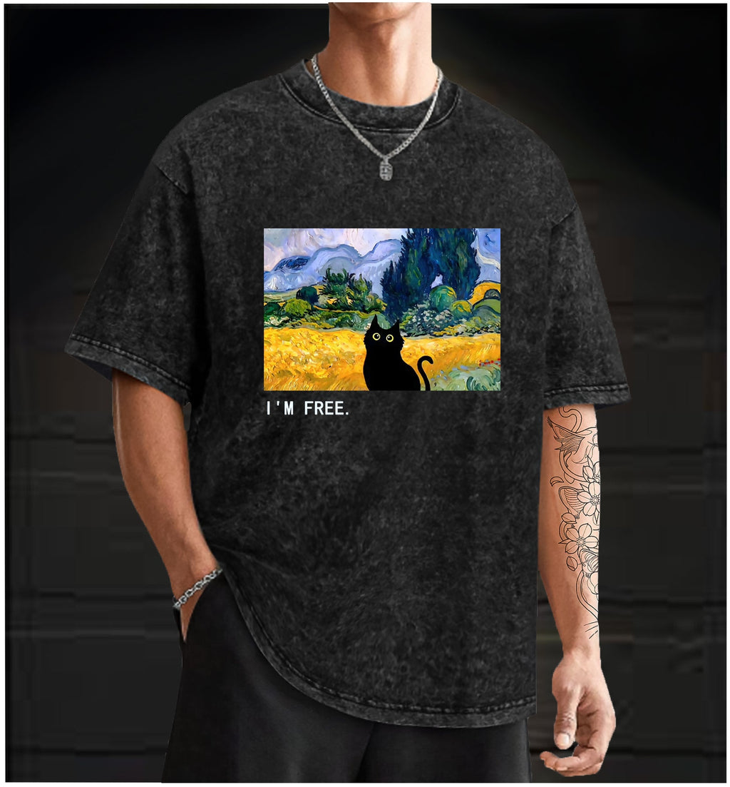  Artistic Cat's Freedom Vintage Washed 100% Cotton T-Shirt - TheDrunkShark