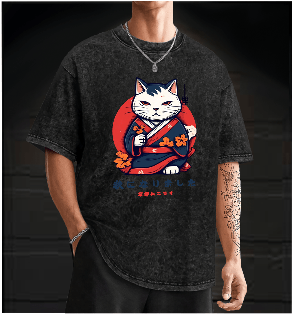 Autumn Kyoto Cat Vintage Washed 100% Cotton T-Shirt - TheDrunkShark