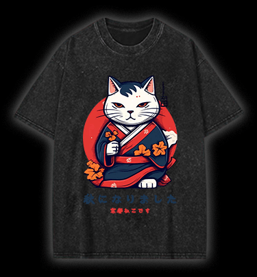 Autumn Kyoto Cat Vintage Washed 100% Cotton T-Shirt - TheDrunkShark