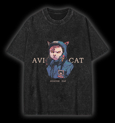  Aviator Cat Vintage Washed 100% Cotton T-Shirt - TheDrunkShark