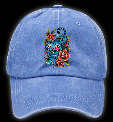 Blue Tiger & Flowers Vintage Washed 100% Cotton Baseball Hat - TheDrunkShark