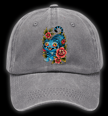 Blue Tiger & Flowers Vintage Washed 100% Cotton Baseball Hat - TheDrunkShark