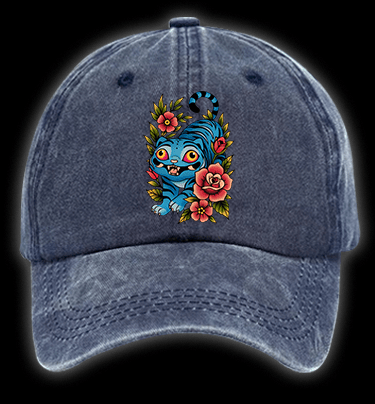 Blue Tiger & Flowers Vintage Washed 100% Cotton Baseball Hat - TheDrunkShark