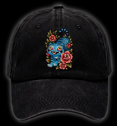 Blue Tiger & Flowers Vintage Washed 100% Cotton Baseball Hat - TheDrunkShark