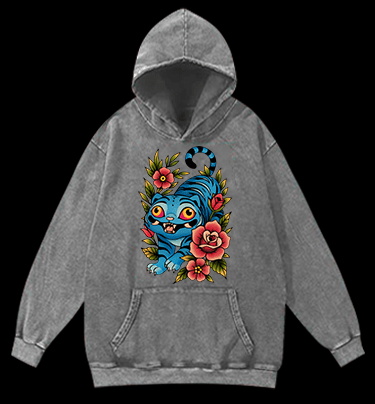Blue Tiger & Flowers Vintage Washed 100% Cotton Hoodie - TheDrunkShark