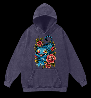 Blue Tiger & Flowers Vintage Washed 100% Cotton Hoodie - TheDrunkShark