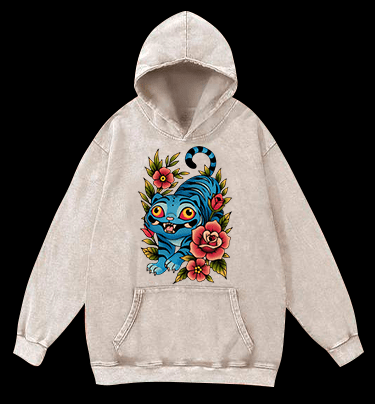 Blue Tiger & Flowers Vintage Washed 100% Cotton Hoodie - TheDrunkShark