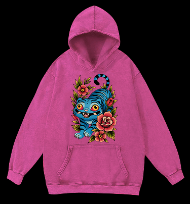 Blue Tiger & Flowers Vintage Washed 100% Cotton Hoodie - TheDrunkShark