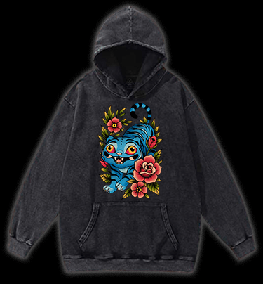 Blue Tiger & Flowers Vintage Washed 100% Cotton Hoodie - TheDrunkShark