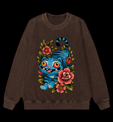 Blue Tiger & Flowers Vintage Washed 100% Cotton Sweatshirt - TheDrunkShark