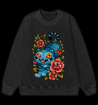Blue Tiger & Flowers Vintage Washed 100% Cotton Sweatshirt - TheDrunkShark
