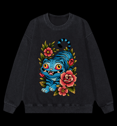 Blue Tiger & Flowers Vintage Washed 100% Cotton Sweatshirt - TheDrunkShark
