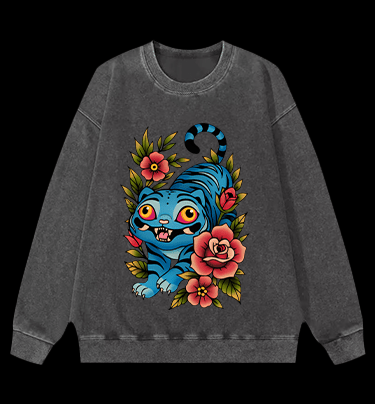 Blue Tiger & Flowers Vintage Washed 100% Cotton Sweatshirt - TheDrunkShark