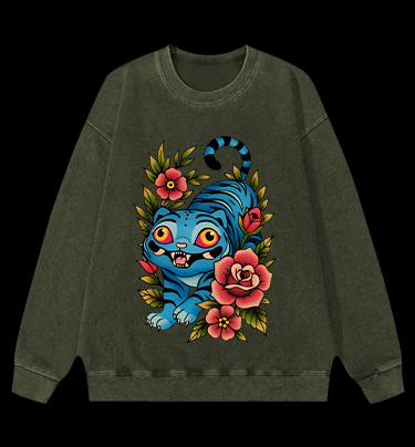 Blue Tiger & Flowers Vintage Washed 100% Cotton Sweatshirt - TheDrunkShark
