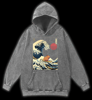 Capybara's Surfing Vibe Vintage Washed 100% Cotton Hoodie - TheDrunkShark
