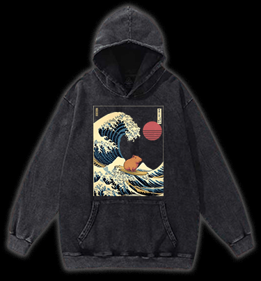 Capybara's Surfing Vibe Vintage Washed 100% Cotton Hoodie - TheDrunkShark