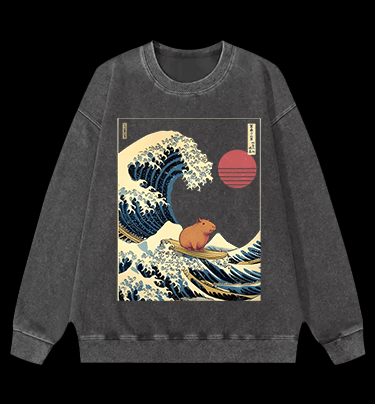 Capybara's Surfing Vibe Vintage Washed 100% Cotton Sweatshirt - TheDrunkShark