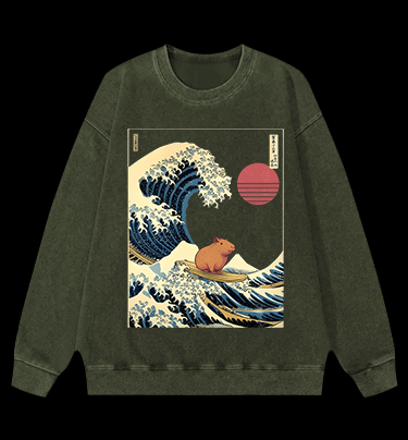 Capybara's Surfing Vibe Vintage Washed 100% Cotton Sweatshirt - TheDrunkShark