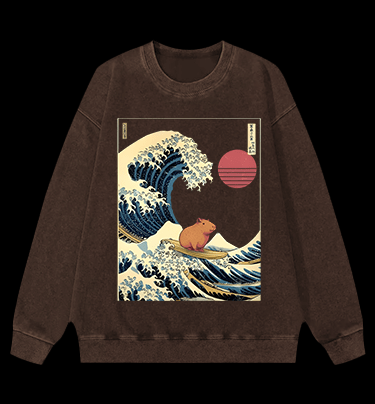 Capybara's Surfing Vibe Vintage Washed 100% Cotton Sweatshirt - TheDrunkShark