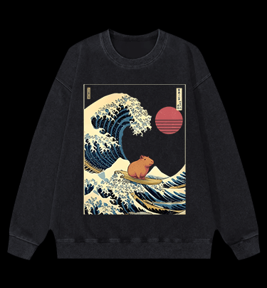 Capybara's Surfing Vibe Vintage Washed 100% Cotton Sweatshirt - TheDrunkShark