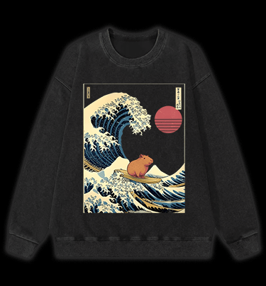 Capybara's Surfing Vibe Vintage Washed 100% Cotton Sweatshirt - TheDrunkShark