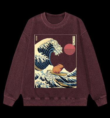 Capybara's Surfing Vibe Vintage Washed 100% Cotton Sweatshirt - TheDrunkShark