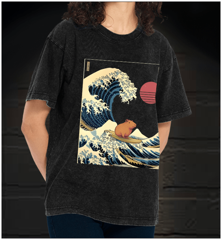 Capybara's Surfing Vibe Vintage Washed 100% Cotton T-Shirt - TheDrunkShark
