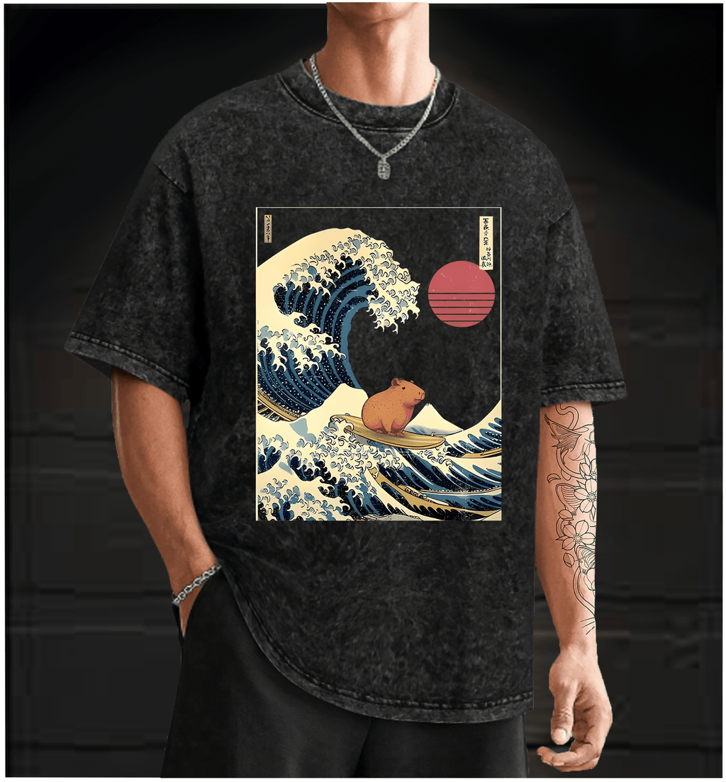 Capybara's Surfing Vibe Vintage Washed 100% Cotton T-Shirt - TheDrunkShark
