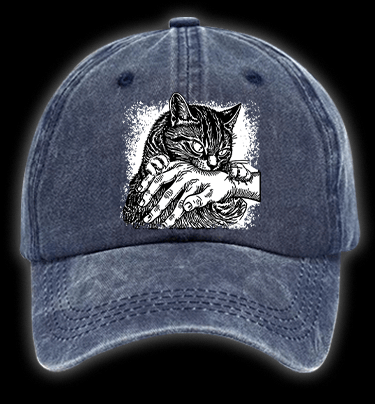 Cat Biting Hand Vintage Washed 100% Cotton Baseball Hat - TheDrunkShark