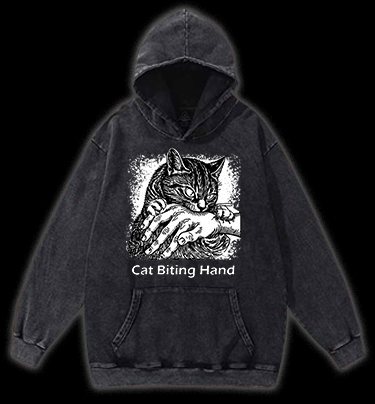 Cat Biting Hand Vintage Washed 100% Cotton Hoodie - TheDrunkShark