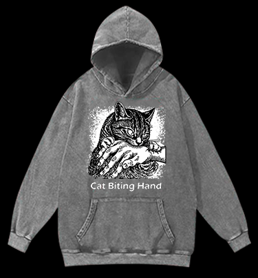 Cat Biting Hand Vintage Washed 100% Cotton Hoodie - TheDrunkShark