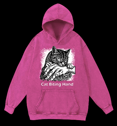 Cat Biting Hand Vintage Washed 100% Cotton Hoodie - TheDrunkShark