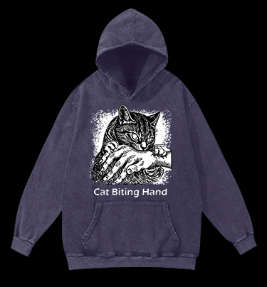 Cat Biting Hand Vintage Washed 100% Cotton Hoodie - TheDrunkShark