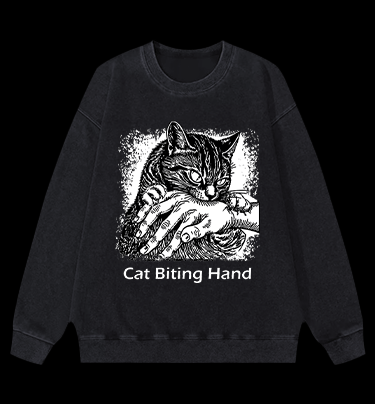 Cat Biting Hand Vintage Washed 100% Cotton Sweatshirt - TheDrunkShark