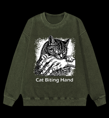 Cat Biting Hand Vintage Washed 100% Cotton Sweatshirt - TheDrunkShark
